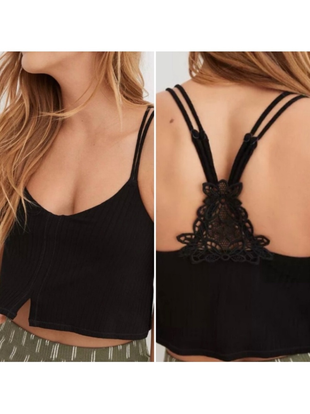 AERIE Ribbed Crop Top Bralette with Lace Applique in Black Large L NEW NWOT